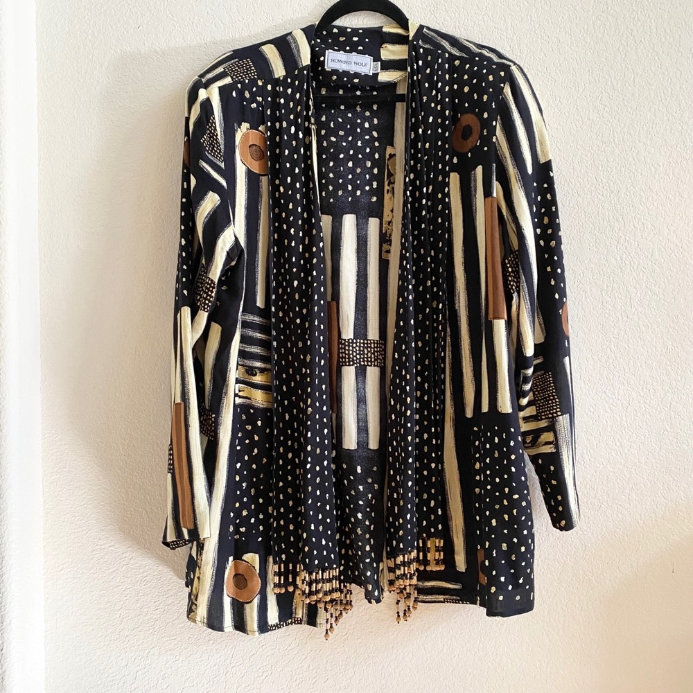 HOWARD‎ WOLF Womens Black Multi Print Kimono Jacket Size 16 Beaded Fringe